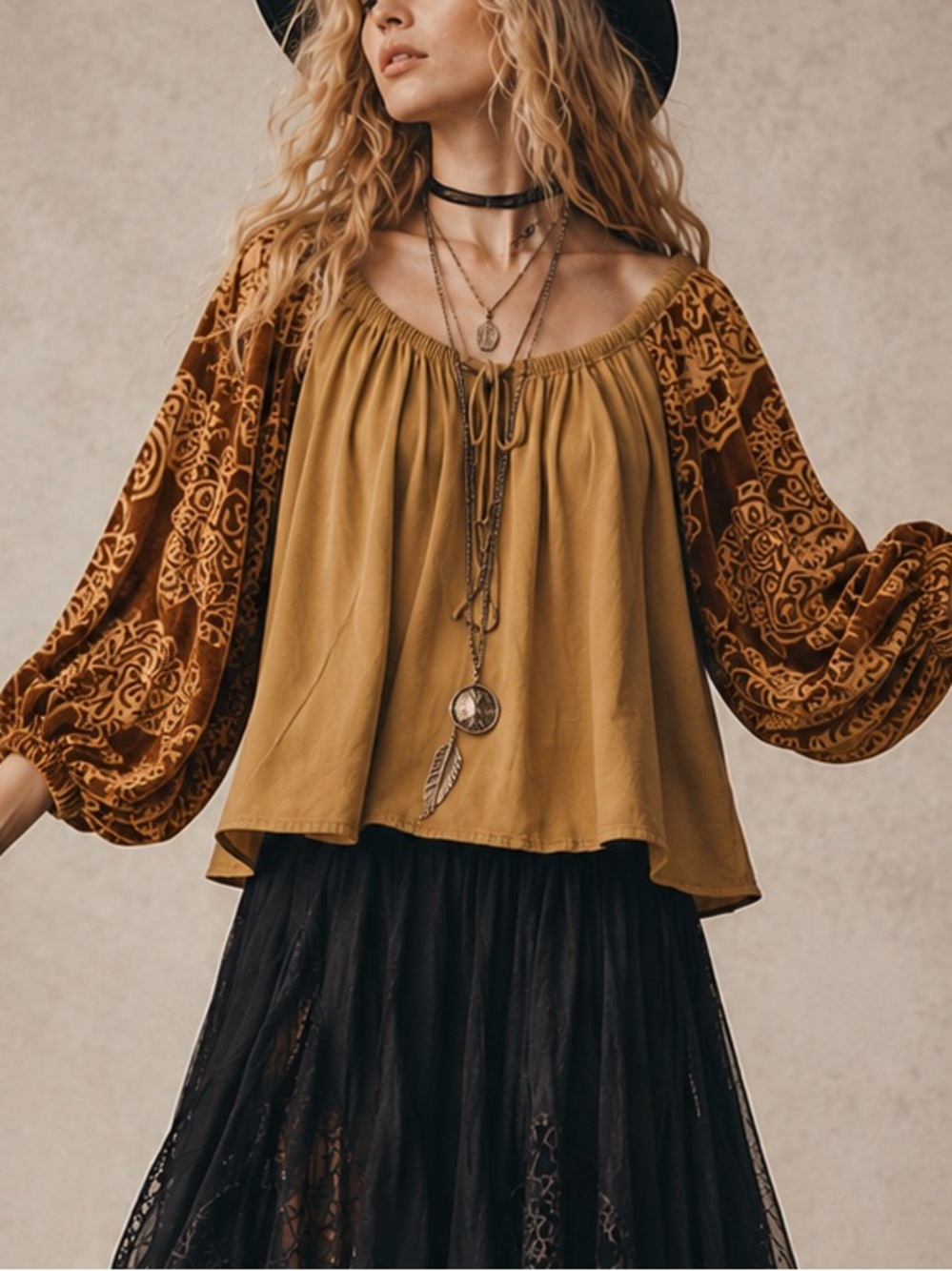 Soft Surroundings Velvet Burnout Peasant Blouse Camel Brown Silk Blend Boho M